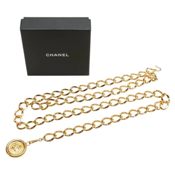 CHANEL CC Logo Medal Coin Charm Belt 35" Gold Tone Auth w/Box - Picture 2 of 14